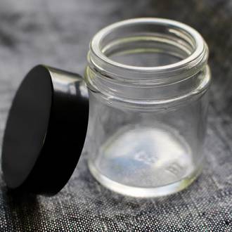 Clear glass pot - black lid: 30ml